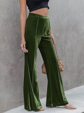 Olive Green Velvet Velour Flare Pants High Rise Elastic Waist Wide Leg Retro